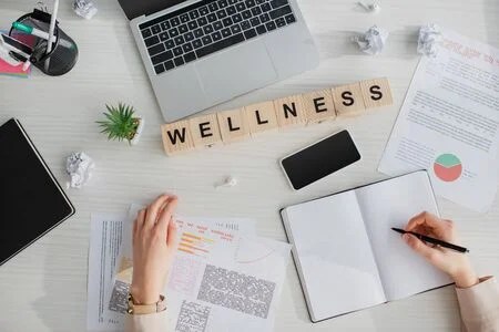 An image of a desk cluttered with a notebook and other items, with a row of letters spelling Wellness.